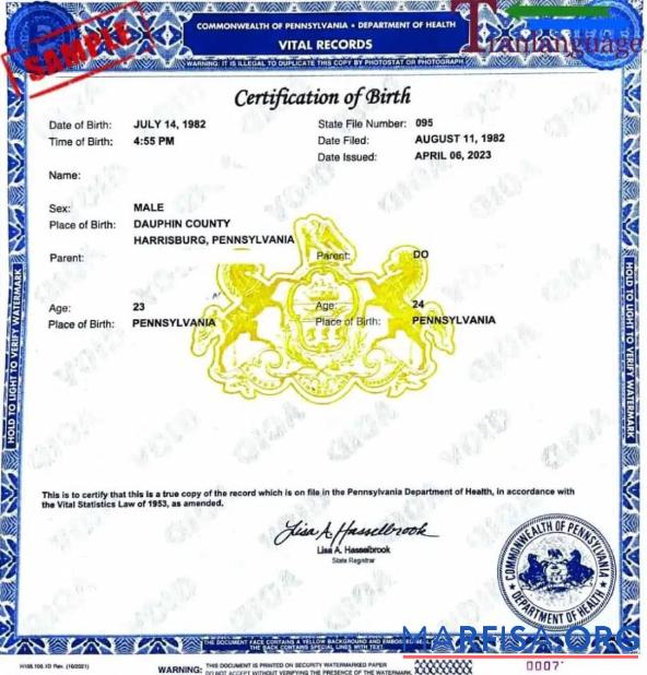 Downloadable United States Commonwealth of Pennsylvania certificate of birth template